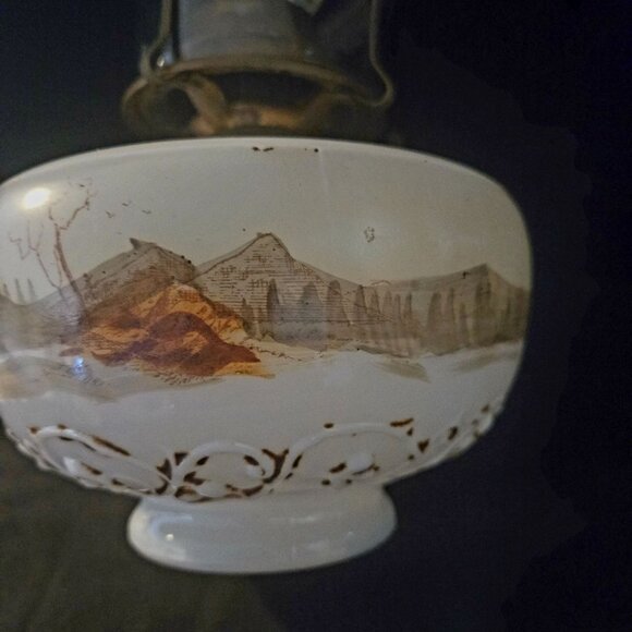 Antique Hand-Painted Milk Glass Oil Lamp With Scenic Winter Landscape Design Bra - Picture 3 of 10